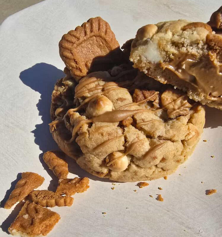 A Big Breezy Cookie Butter loaded cookie with Biscoff cream and crunchy lotus biscuit pieces - Crumbology handmade fresh in Mandurah & Peel region WA